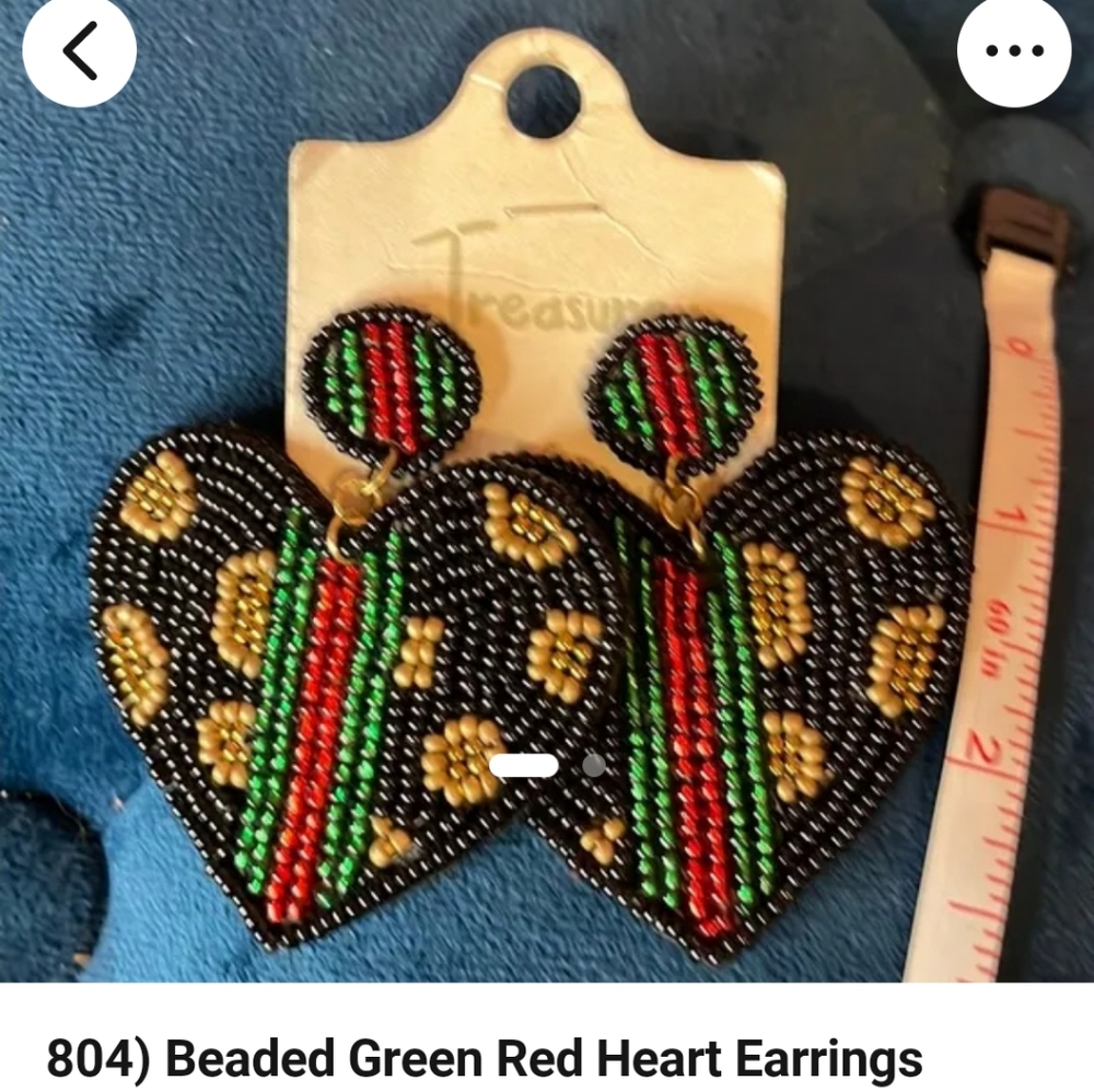 Beaded Heart Earrings with Green and Red Accents